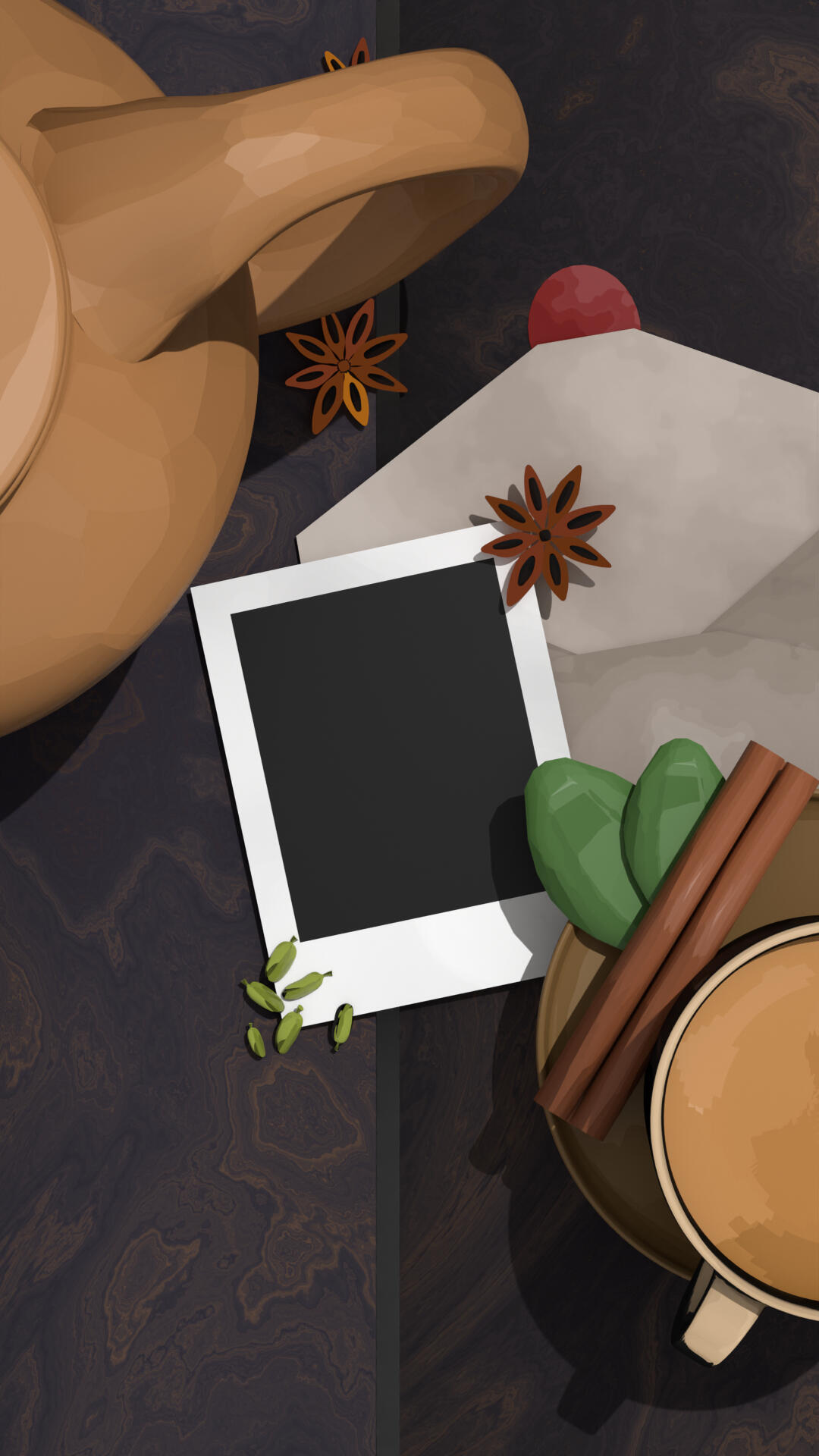 Picture of an instant photograph on a table, beside a kettle, a teacup and ingredients for chai masala